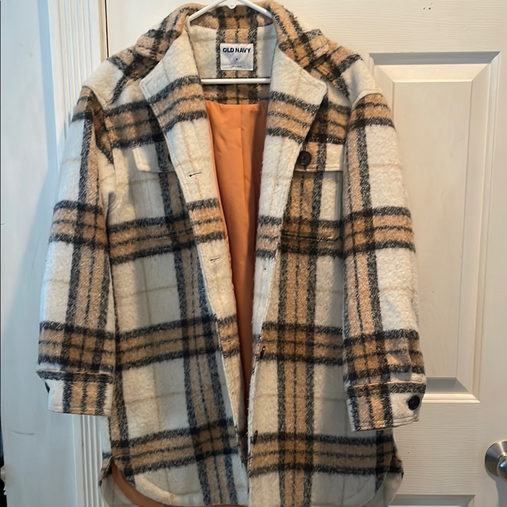 Old Navy Women's Oversized Plaid Wool Shacket - Cream and Brown